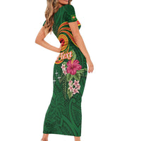 Manuʻa Islands Family Matching Short Sleeve Bodycon Dress and Hawaiian Shirt Polynesian Art Tattoo Style and Tropical Plants