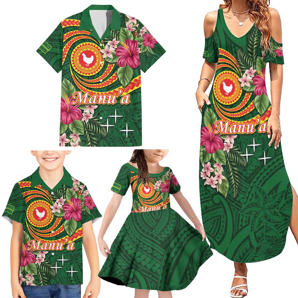 Manuʻa Islands Family Matching Summer Maxi Dress and Hawaiian Shirt Polynesian Art Tattoo Style and Tropical Plants