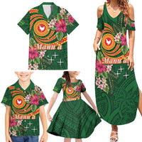 Manuʻa Islands Family Matching Summer Maxi Dress and Hawaiian Shirt Polynesian Art Tattoo Style and Tropical Plants