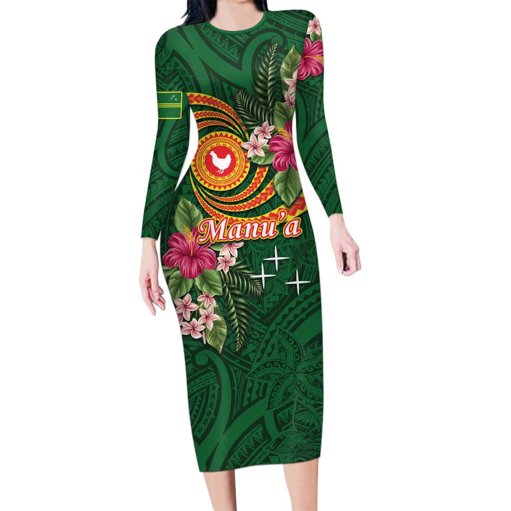 Manuʻa Islands Long Sleeve Bodycon Dress Polynesian Art Tattoo Style and Tropical Plants