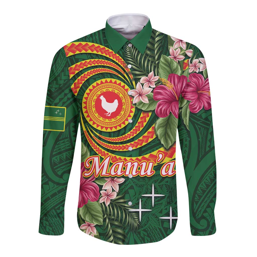Manuʻa Islands Long Sleeve Button Shirt Polynesian Art Tattoo Style and Tropical Plants