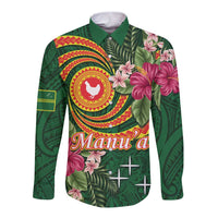 Manuʻa Islands Long Sleeve Button Shirt Polynesian Art Tattoo Style and Tropical Plants