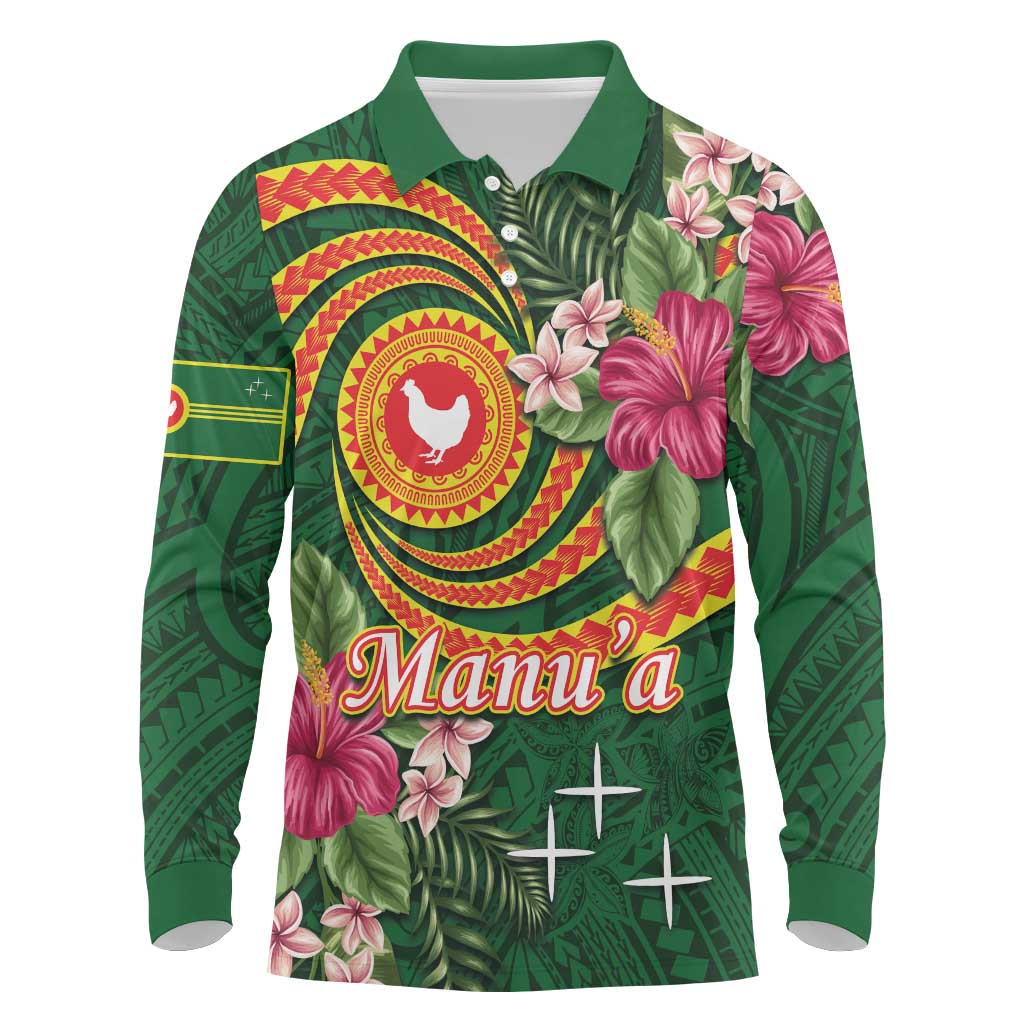 Manuʻa Islands Long Sleeve Polo Shirt Polynesian Art Tattoo Style and Tropical Plants