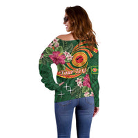 Manuʻa Islands Off Shoulder Sweater Polynesian Art Tattoo Style and Tropical Plants
