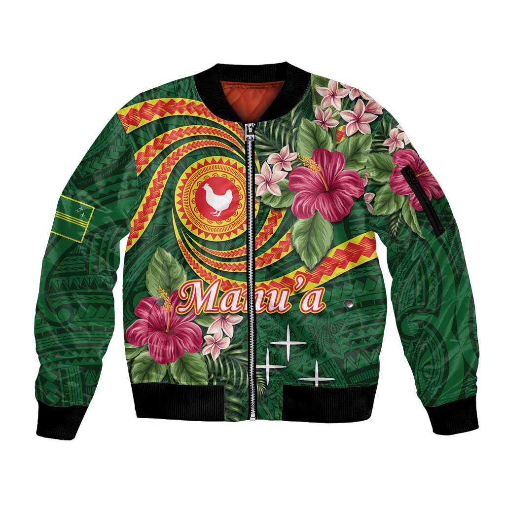 Manuʻa Islands Sleeve Zip Bomber Jacket Polynesian Art Tattoo Style and Tropical Plants