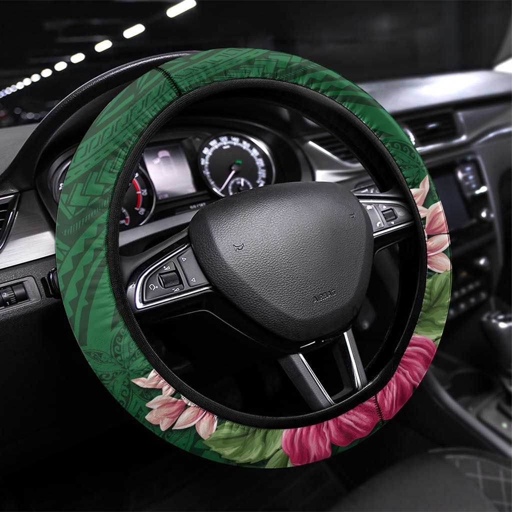 Manuʻa Islands Steering Wheel Cover Polynesian Art Tattoo Style and Tropical Plants LT03 Universal Fit Green - Polynesian Pride
