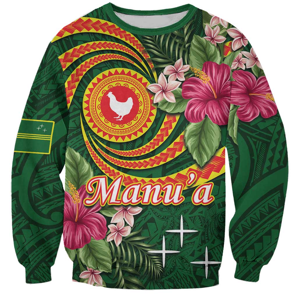 Personalised Manuʻa Islands Sweatshirt Polynesian Art Tattoo Style and Tropical Plants LT03 Unisex Green - Polynesian Pride