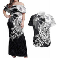 Hafa Adai Guam Couples Matching Off Shoulder Maxi Dress and Hawaiian Shirt Polynesian Palm Tree Tattoo Hibiscus and Plumeria Art