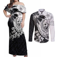 Hafa Adai Guam Couples Matching Off Shoulder Maxi Dress and Long Sleeve Button Shirt Polynesian Palm Tree Tattoo Hibiscus and Plumeria Art