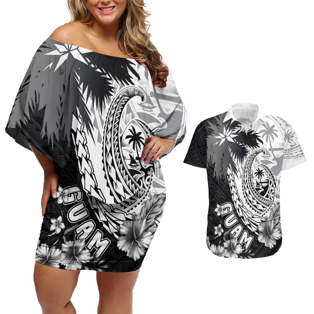 Hafa Adai Guam Couples Matching Off Shoulder Short Dress and Hawaiian Shirt Polynesian Palm Tree Tattoo Hibiscus and Plumeria Art