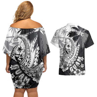 Hafa Adai Guam Couples Matching Off Shoulder Short Dress and Hawaiian Shirt Polynesian Palm Tree Tattoo Hibiscus and Plumeria Art
