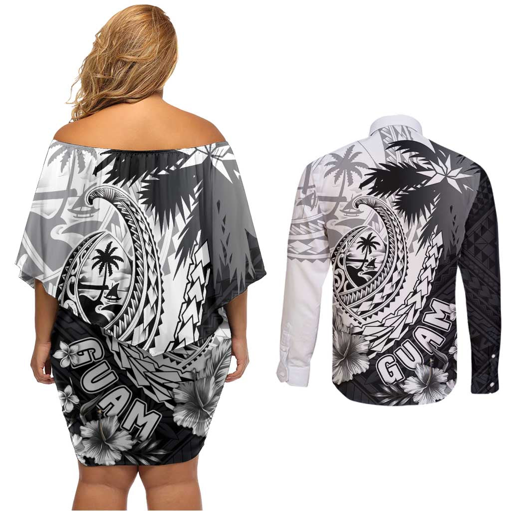 Hafa Adai Guam Couples Matching Off Shoulder Short Dress and Long Sleeve Button Shirt Polynesian Palm Tree Tattoo Hibiscus and Plumeria Art