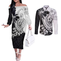 Hafa Adai Guam Couples Matching Off The Shoulder Long Sleeve Dress and Long Sleeve Button Shirt Polynesian Palm Tree Tattoo Hibiscus and Plumeria Art