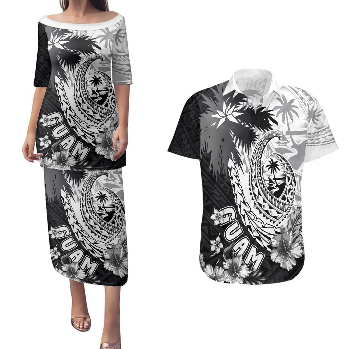 Hafa Adai Guam Couples Matching Puletasi and Hawaiian Shirt Polynesian Palm Tree Tattoo Hibiscus and Plumeria Art