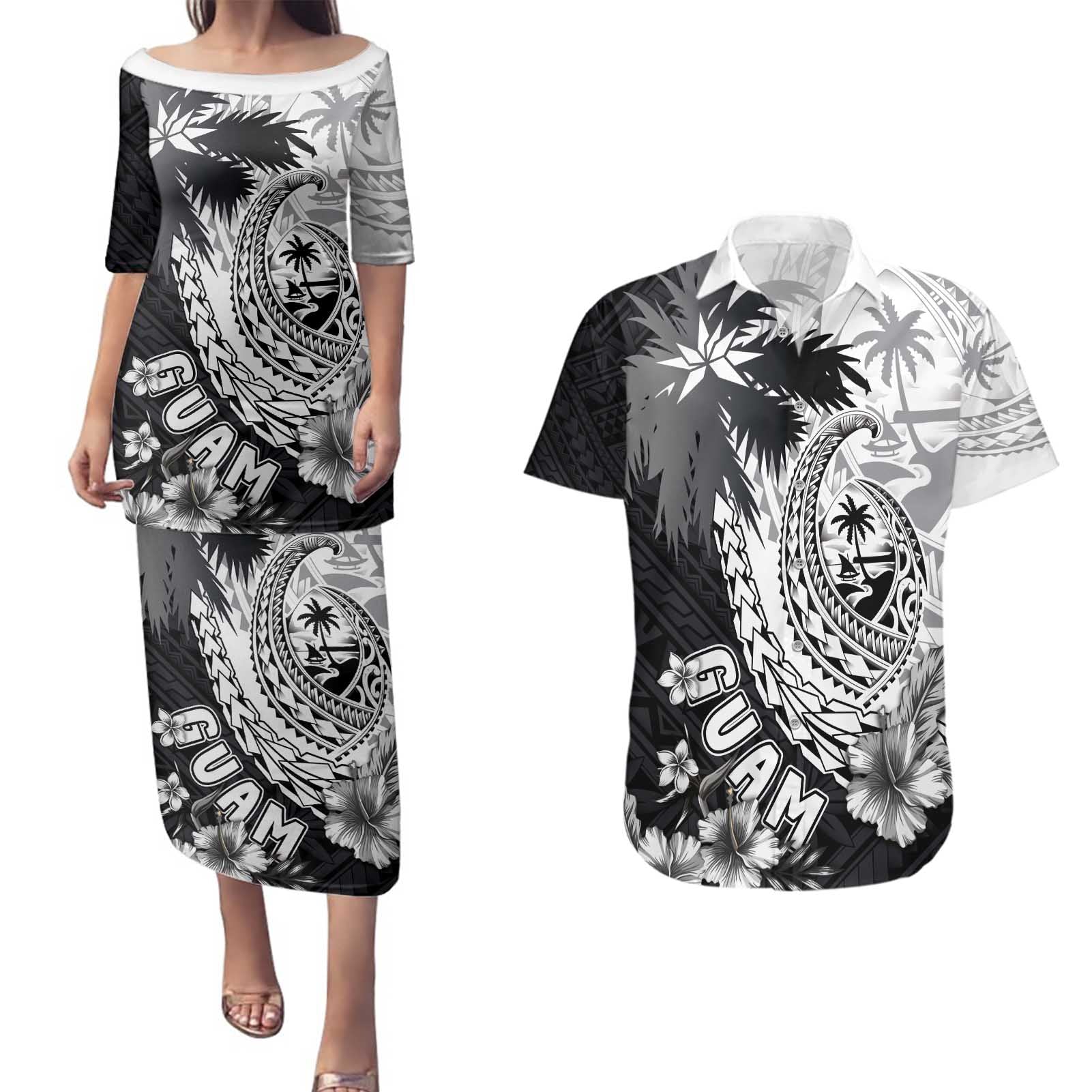 Hafa Adai Guam Couples Matching Puletasi and Hawaiian Shirt Polynesian Palm Tree Tattoo Hibiscus and Plumeria Art