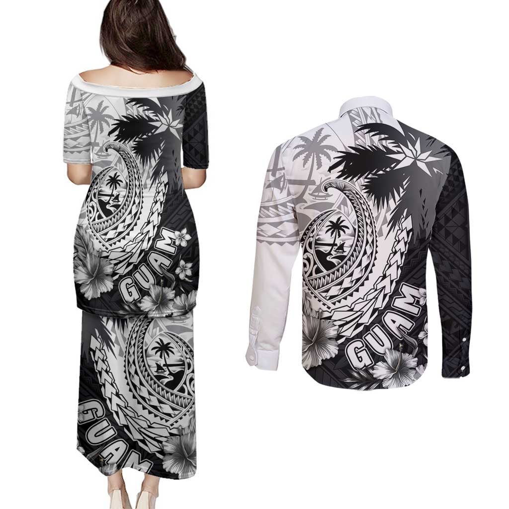 Hafa Adai Guam Couples Matching Puletasi and Long Sleeve Button Shirt Polynesian Palm Tree Tattoo Hibiscus and Plumeria Art