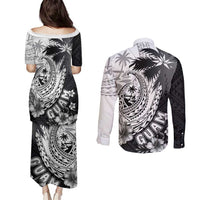 Hafa Adai Guam Couples Matching Puletasi and Long Sleeve Button Shirt Polynesian Palm Tree Tattoo Hibiscus and Plumeria Art
