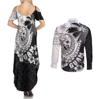 Hafa Adai Guam Couples Matching Summer Maxi Dress and Long Sleeve Button Shirt Polynesian Palm Tree Tattoo Hibiscus and Plumeria Art