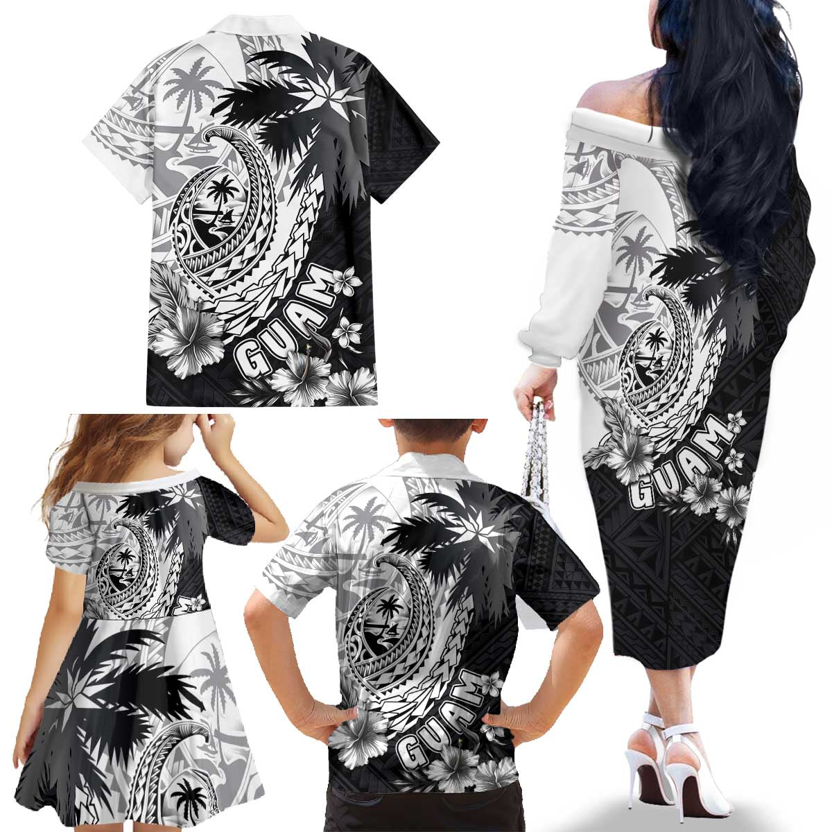 Hafa Adai Guam Family Matching Off The Shoulder Long Sleeve Dress and Hawaiian Shirt Polynesian Palm Tree Tattoo Hibiscus and Plumeria Art