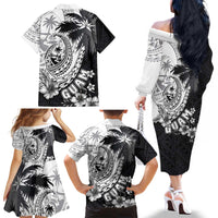 Hafa Adai Guam Family Matching Off The Shoulder Long Sleeve Dress and Hawaiian Shirt Polynesian Palm Tree Tattoo Hibiscus and Plumeria Art