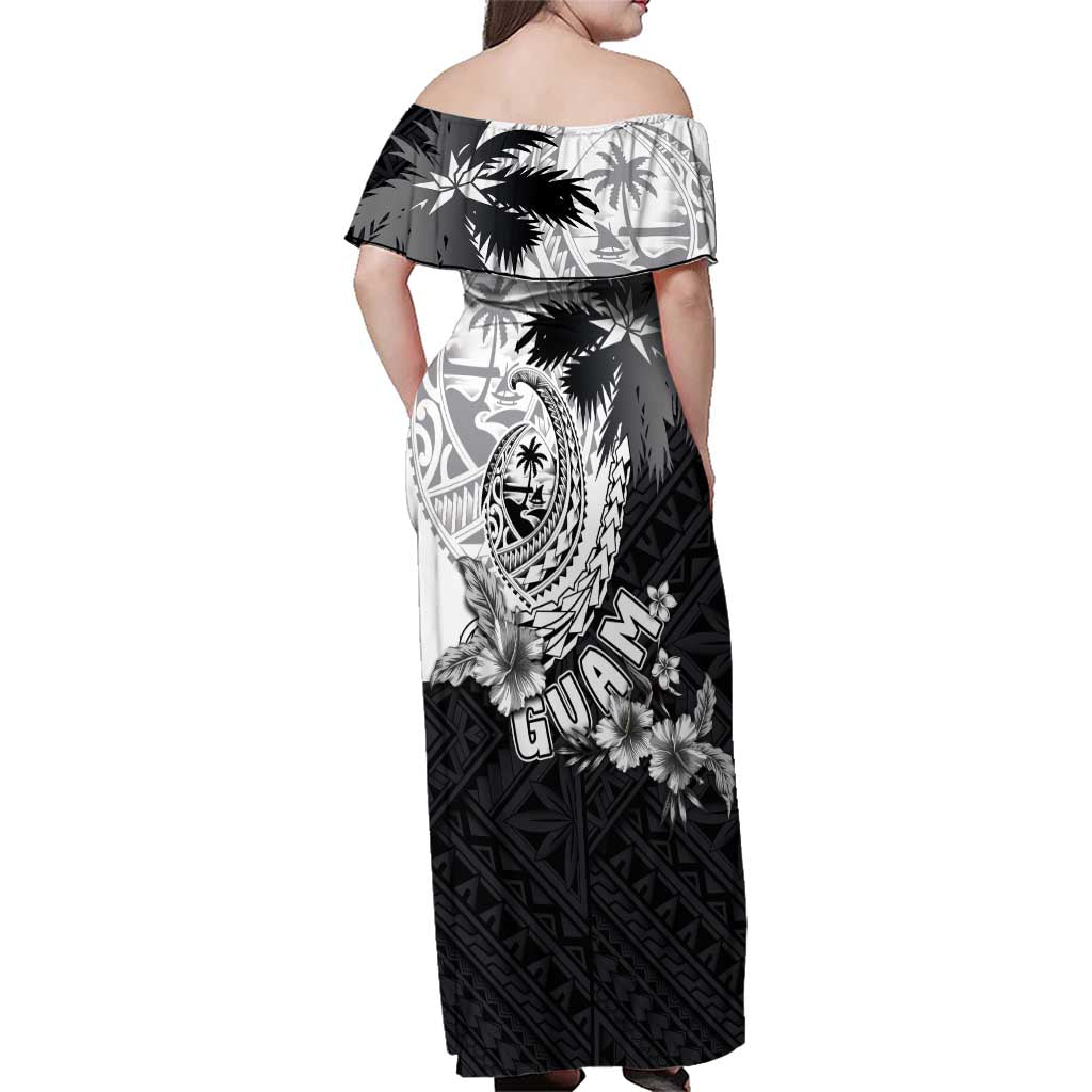 Hafa Adai Guam Family Matching Off Shoulder Maxi Dress and Hawaiian Shirt Polynesian Palm Tree Tattoo Hibiscus and Plumeria Art