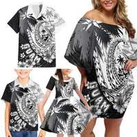 Hafa Adai Guam Family Matching Off Shoulder Short Dress and Hawaiian Shirt Polynesian Palm Tree Tattoo Hibiscus and Plumeria Art