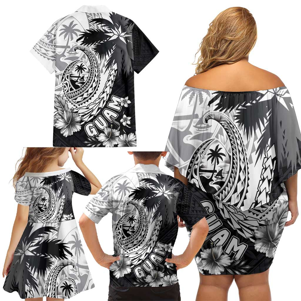 Hafa Adai Guam Family Matching Off Shoulder Short Dress and Hawaiian Shirt Polynesian Palm Tree Tattoo Hibiscus and Plumeria Art