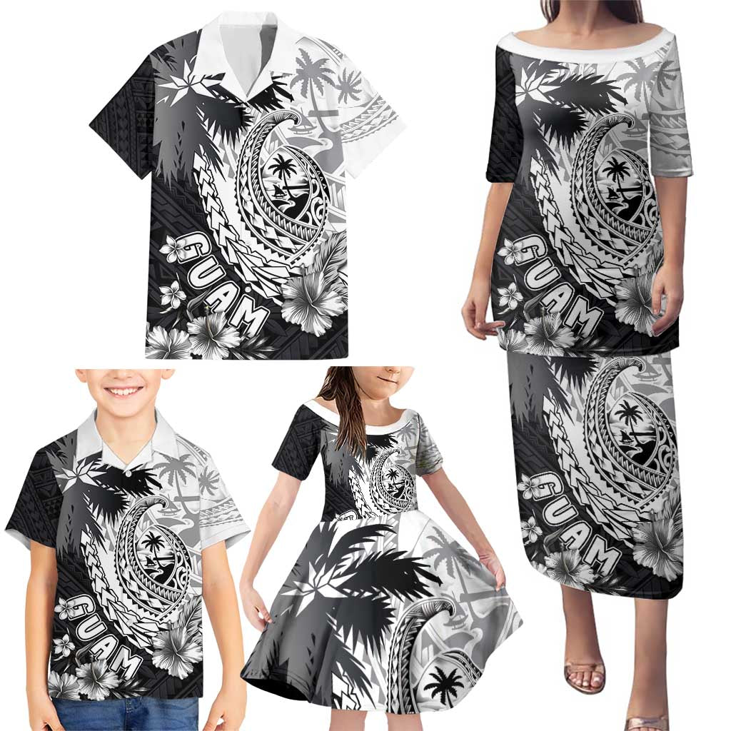 Hafa Adai Guam Family Matching Puletasi and Hawaiian Shirt Polynesian Palm Tree Tattoo Hibiscus and Plumeria Art