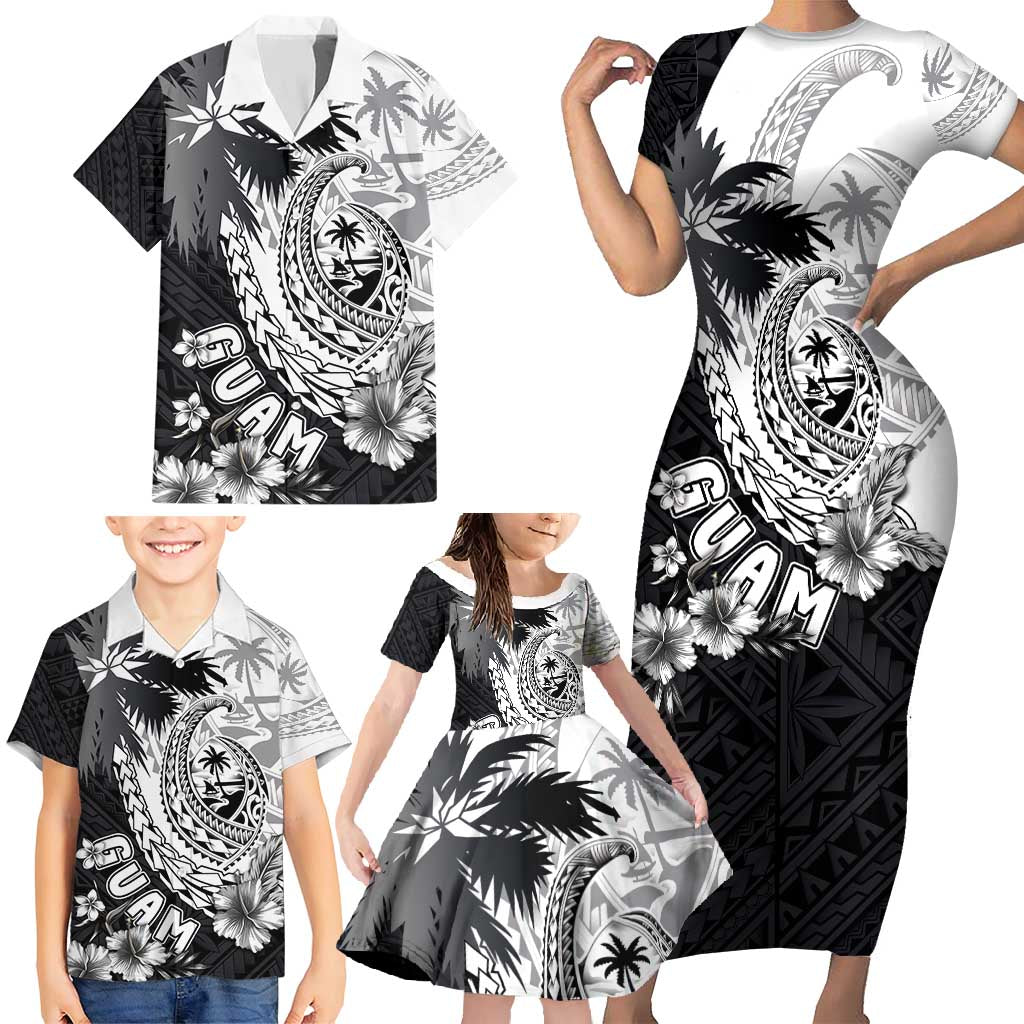 Hafa Adai Guam Family Matching Short Sleeve Bodycon Dress and Hawaiian Shirt Polynesian Palm Tree Tattoo Hibiscus and Plumeria Art