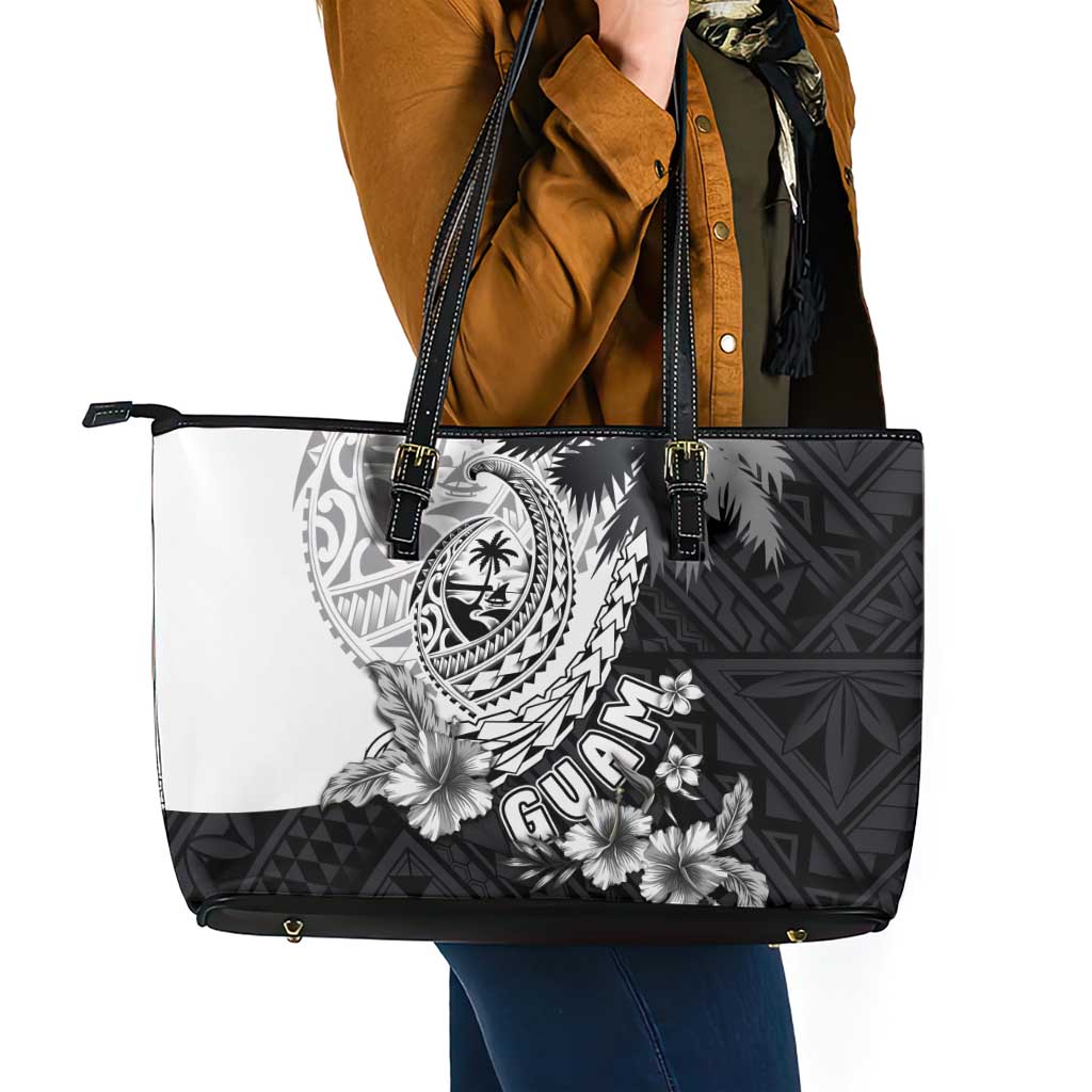 Hafa Adai Guam Leather Tote Bag Polynesian Palm Tree Tattoo Hibiscus and Plumeria Art