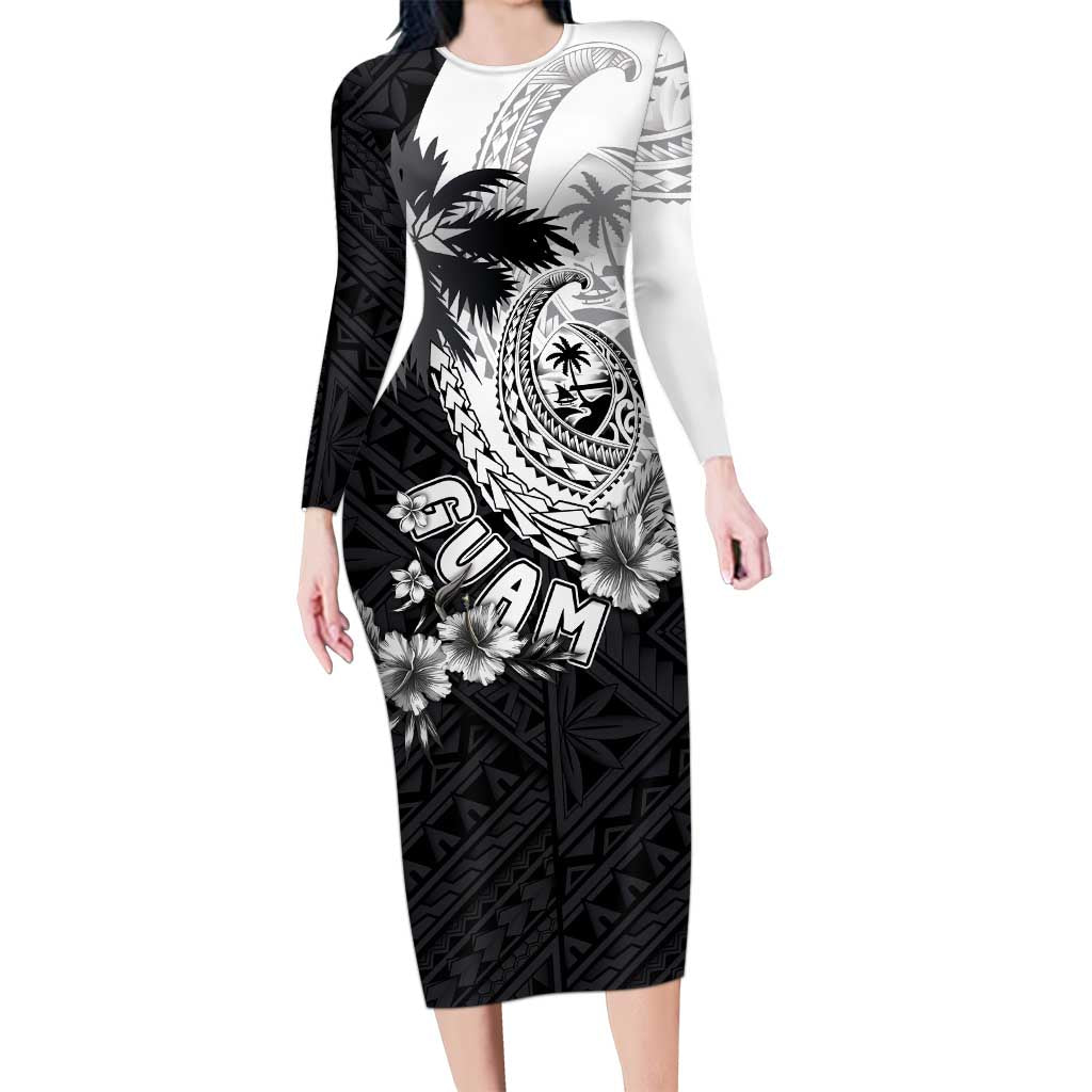 Hafa Adai Guam Long Sleeve Bodycon Dress Polynesian Palm Tree Tattoo Hibiscus and Plumeria Art