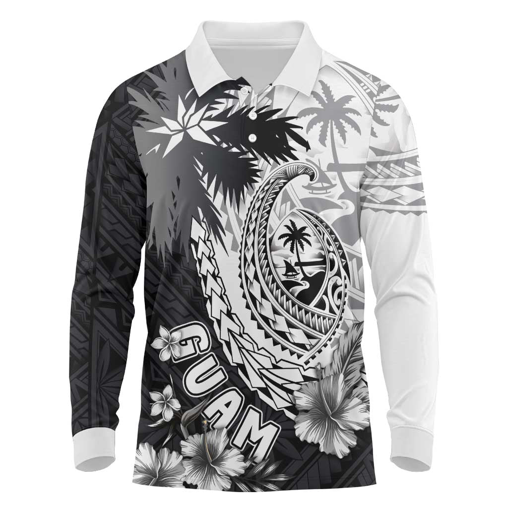 Hafa Adai Guam Long Sleeve Polo Shirt Polynesian Palm Tree Tattoo Hibiscus and Plumeria Art