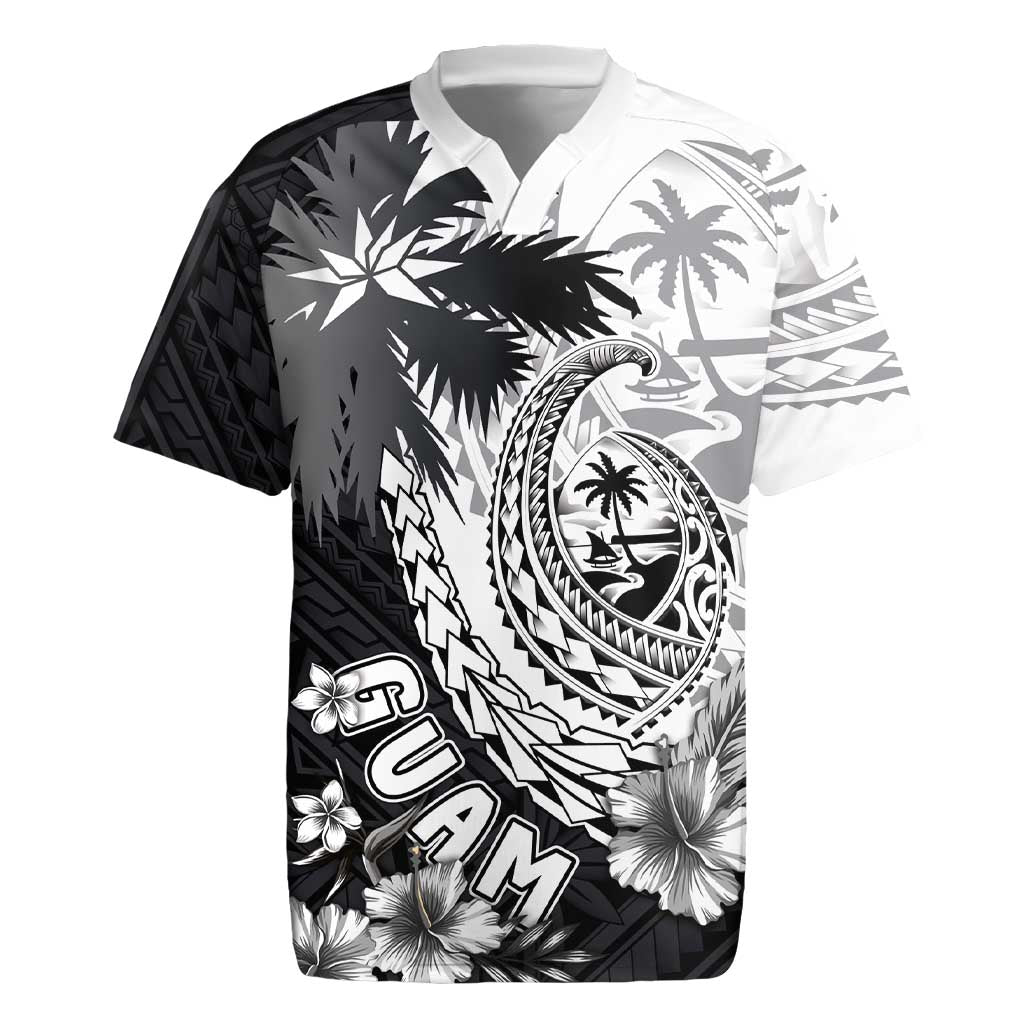 Hafa Adai Guam Rugby Jersey Polynesian Palm Tree Tattoo Hibiscus and Plumeria Art