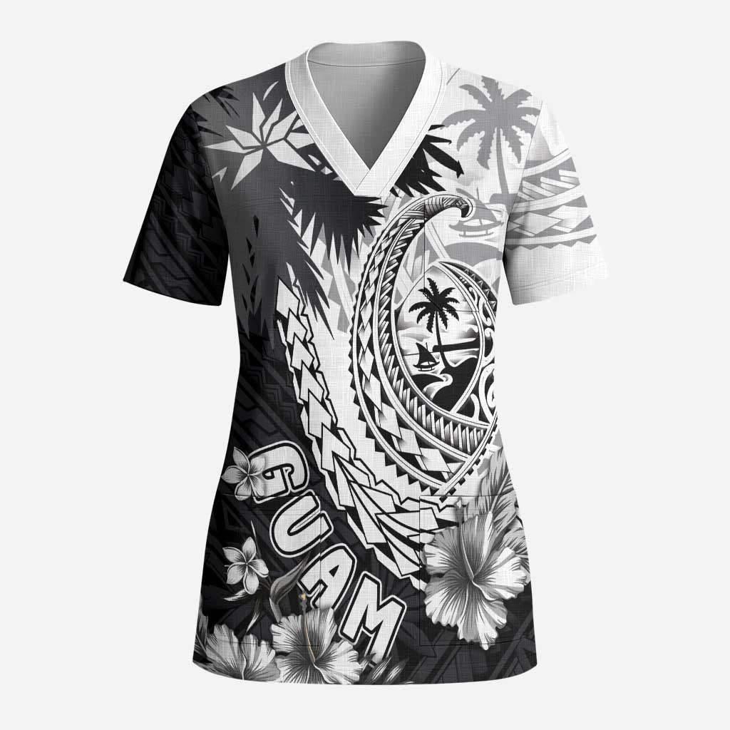 Hafa Adai Guam Scrub Top Polynesian Palm Tree Tattoo Hibiscus and Plumeria Art LT03 Adult Black - Polynesian Pride