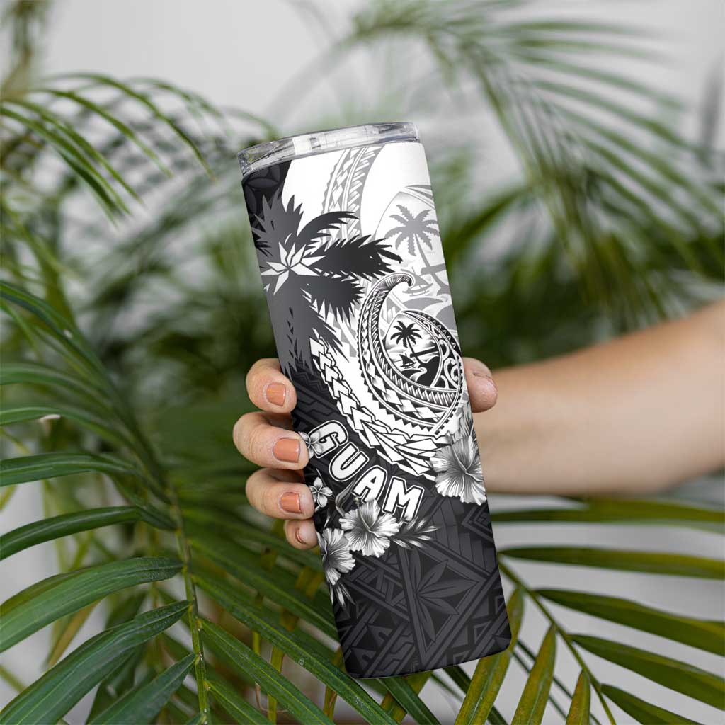 Hafa Adai Guam Skinny Tumbler Polynesian Palm Tree Tattoo Hibiscus and Plumeria Art