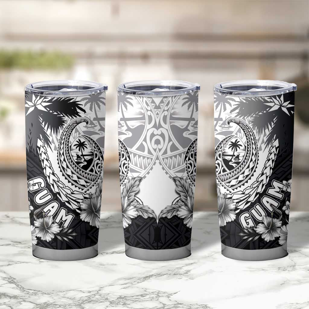 Hafa Adai Guam Tumbler Cup Polynesian Palm Tree Tattoo Hibiscus and Plumeria Art