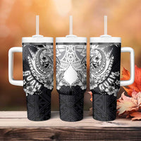 Hafa Adai Guam Tumbler With Handle Polynesian Palm Tree Tattoo Hibiscus and Plumeria Art
