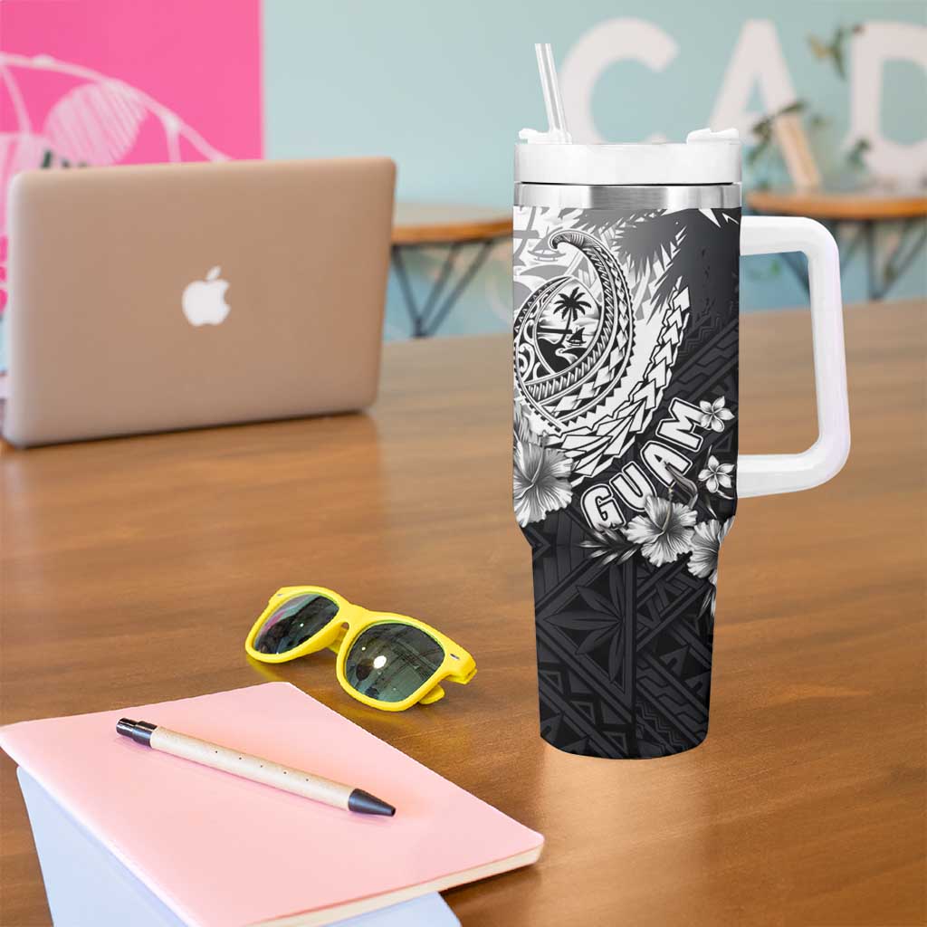 Hafa Adai Guam Tumbler With Handle Polynesian Palm Tree Tattoo Hibiscus and Plumeria Art