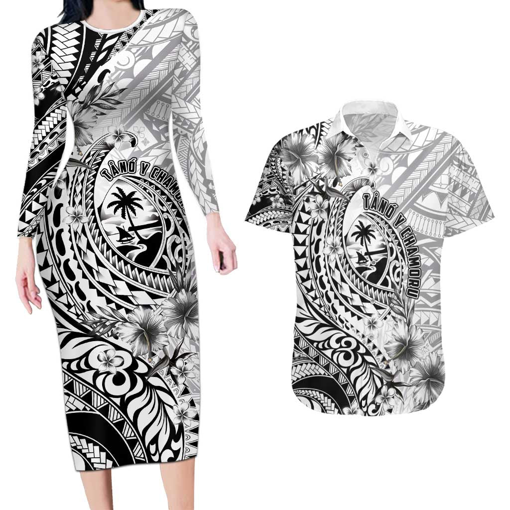 Guam-Land of the Chamorro Couples Matching Long Sleeve Bodycon Dress and Hawaiian Shirt Polynesian Tattoo Style Hibiscus and Plumeria Art