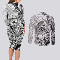 Guam-Land of the Chamorro Couples Matching Long Sleeve Bodycon Dress and Long Sleeve Button Shirt Polynesian Tattoo Style Hibiscus and Plumeria Art