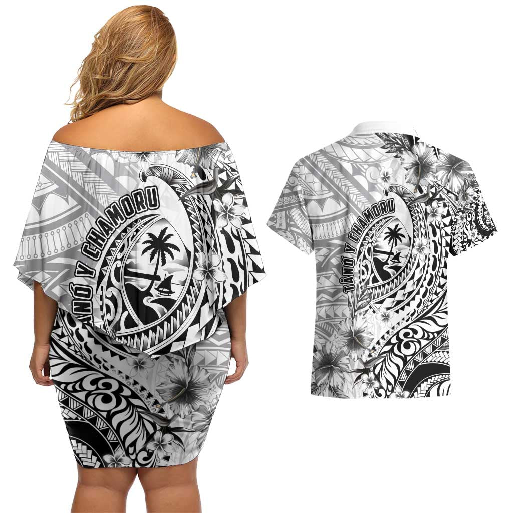 Guam-Land of the Chamorro Couples Matching Off Shoulder Short Dress and Hawaiian Shirt Polynesian Tattoo Style Hibiscus and Plumeria Art