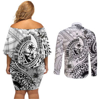 Guam-Land of the Chamorro Couples Matching Off Shoulder Short Dress and Long Sleeve Button Shirt Polynesian Tattoo Style Hibiscus and Plumeria Art