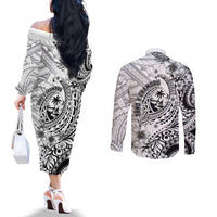 Guam-Land of the Chamorro Couples Matching Off The Shoulder Long Sleeve Dress and Long Sleeve Button Shirt Polynesian Tattoo Style Hibiscus and Plumeria Art
