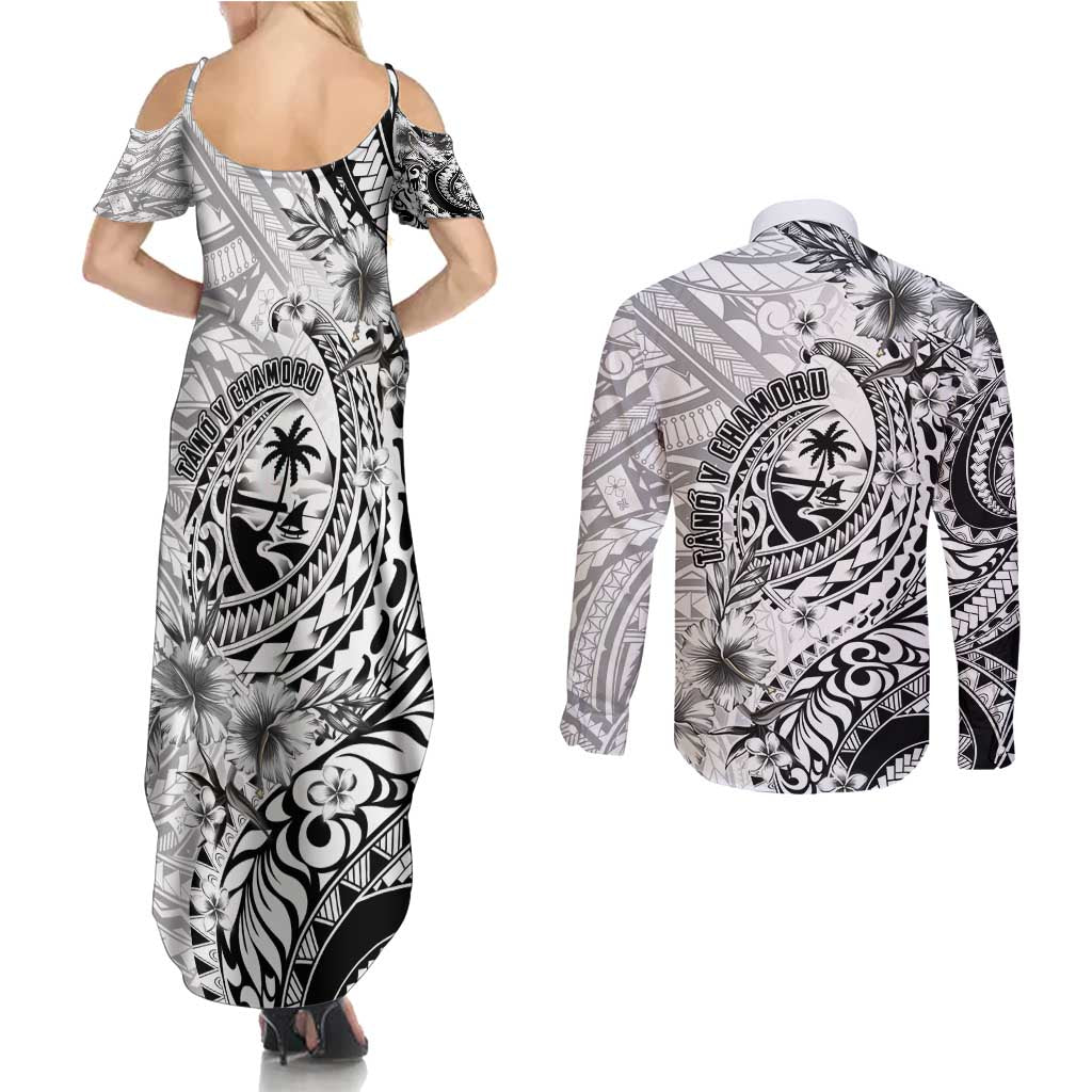 Guam-Land of the Chamorro Couples Matching Summer Maxi Dress and Long Sleeve Button Shirt Polynesian Tattoo Style Hibiscus and Plumeria Art