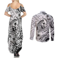 Guam-Land of the Chamorro Couples Matching Summer Maxi Dress and Long Sleeve Button Shirt Polynesian Tattoo Style Hibiscus and Plumeria Art