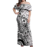 Guam-Land of the Chamorro Off Shoulder Maxi Dress Polynesian Tattoo Style Hibiscus and Plumeria Art
