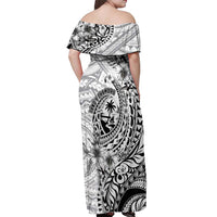 Guam-Land of the Chamorro Off Shoulder Maxi Dress Polynesian Tattoo Style Hibiscus and Plumeria Art