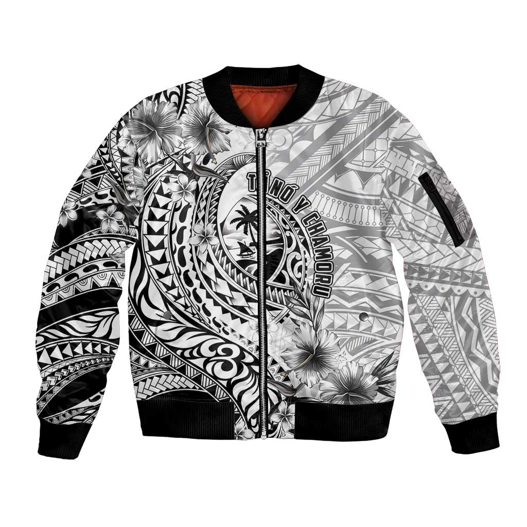Guam-Land of the Chamorro Sleeve Zip Bomber Jacket Polynesian Tattoo Style Hibiscus and Plumeria Art
