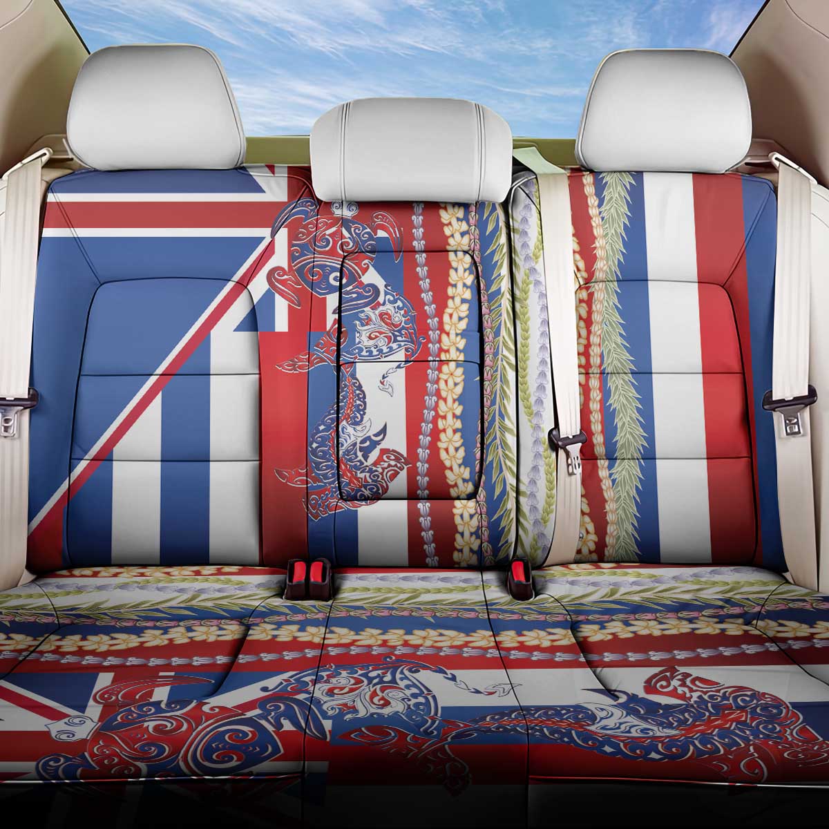 Hawaiian Sea Animals Back Car Seat Cover with Lei and Flag Style