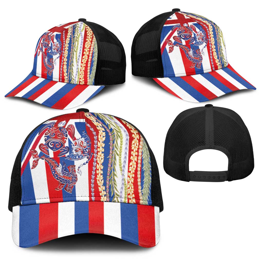 Hawaiian Sea Animals Baseball Net Cap with Lei and Flag Style LT03 - Polynesian Pride